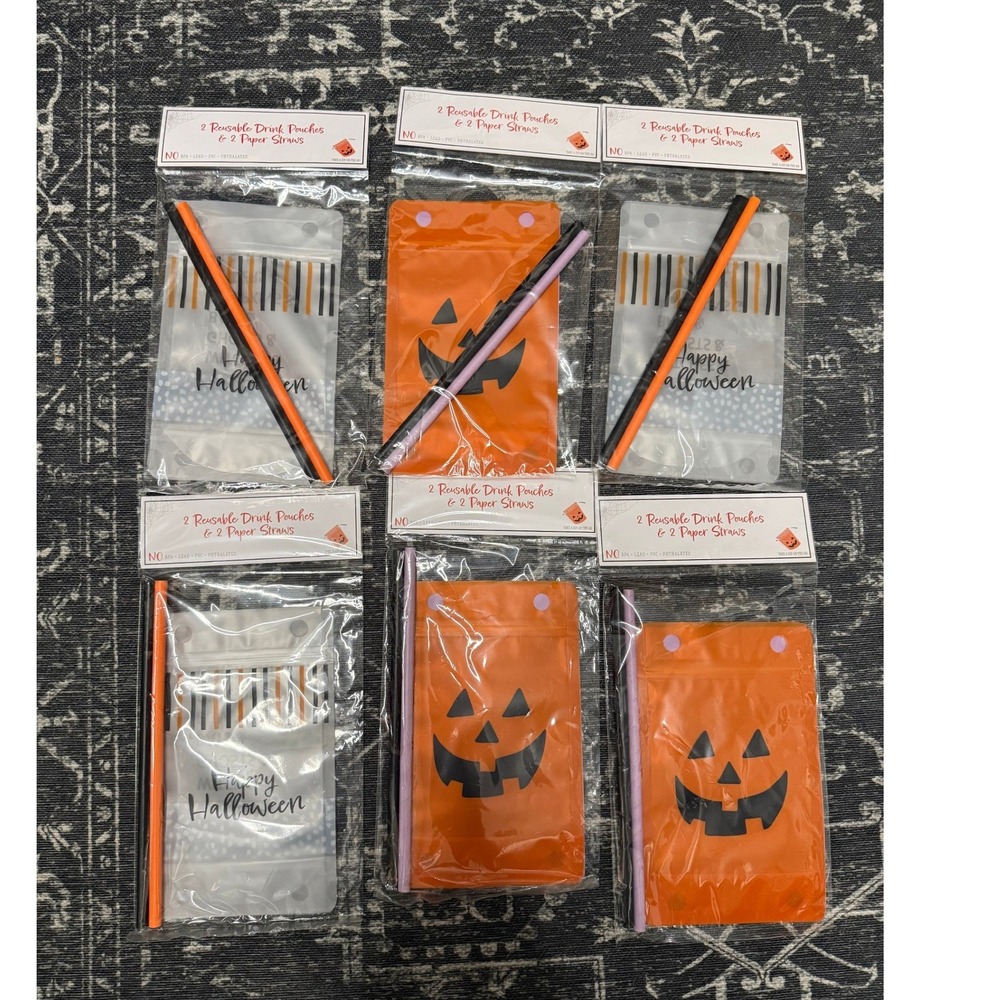 Vivitar Halloween Drink Pouches 6pk 12ct Orange Black New Reusable Straws